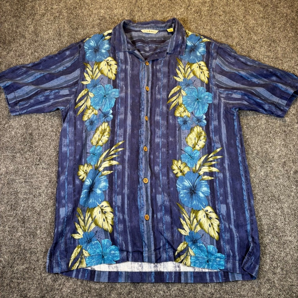Tommy Bahama Shirt Mens Medium Blue Silk Floral Stripe Short Sleeve Hawaiian M